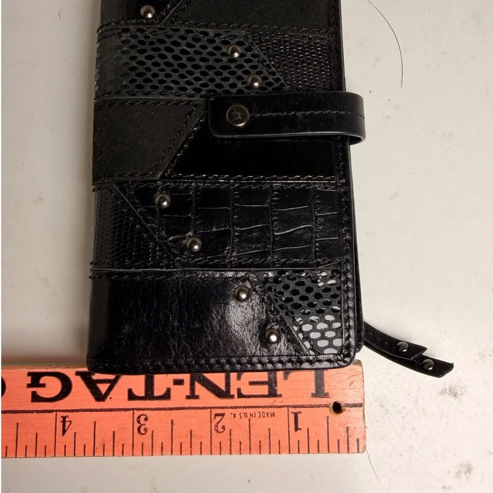 Fossil Patchwork Studded‎ Leather Wallet Clutch Black Snap Closure Zip Pocket